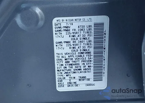 2020 Nissan Rogue Sv Intelligent Awd z USA, uszkodzony, nr VIN JN8AT2MV1LW109781